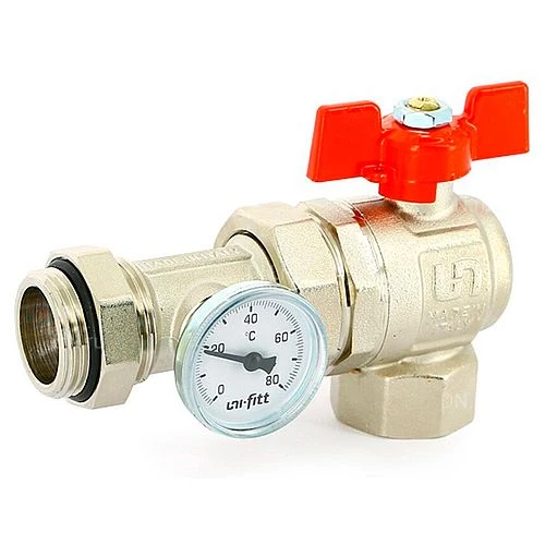 Краны Uni-Fitt 138T 1″ Ду25 Ру40 для коллекторных групп, угловой, с термометром, с разъемным соединением, наружная резьба, латунные