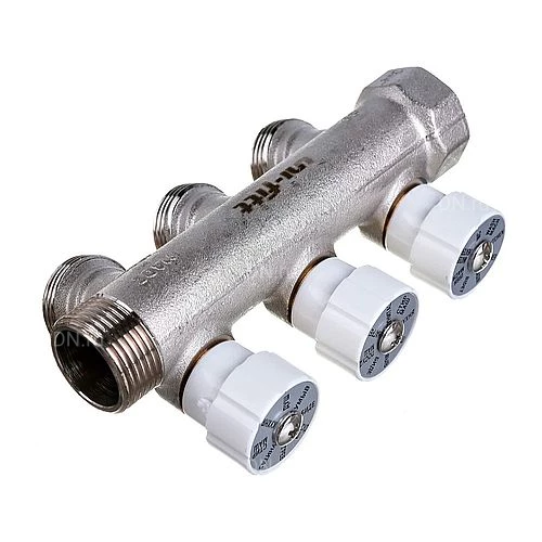 Коллекторы Uni-Fitt 402N 3/4″x3x3/4″ Ду20 Ру10 с регулирующими клапанами, под евроконус, материал- латунь, покрытие - никель