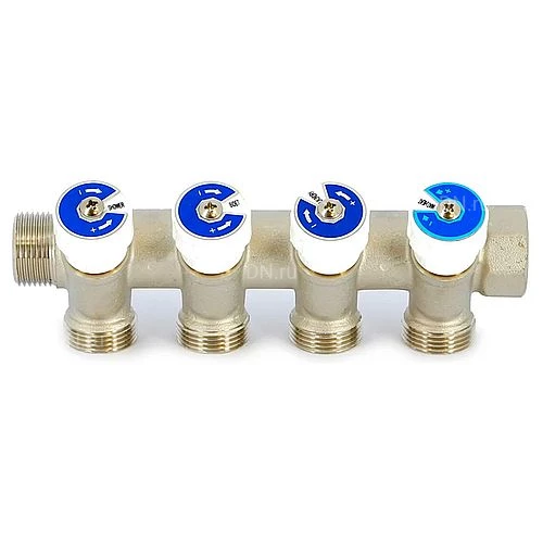 Коллекторы Uni-Fitt 406N 1″x4x3/4″ Ду25 Ру10 с регулирующими клапанами, под евроконус, материал- латунь, покрытие - никель