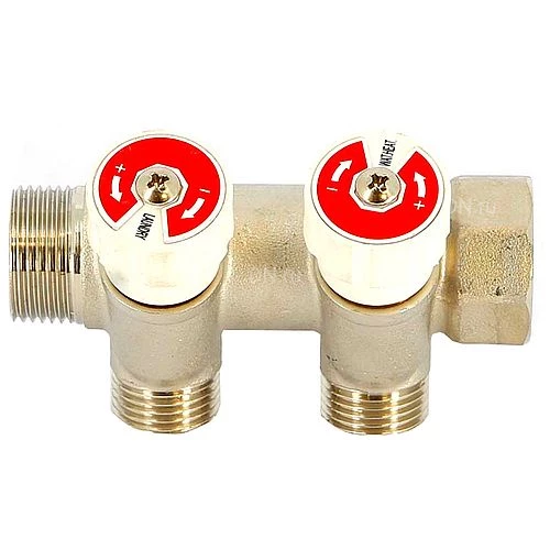 Коллекторы Uni-Fitt 400N 3/4″x2-4x1/2″ Ду20 Ру10 с регулирующими клапанами, наружная резьба, материал- латунь, покрытие - никель