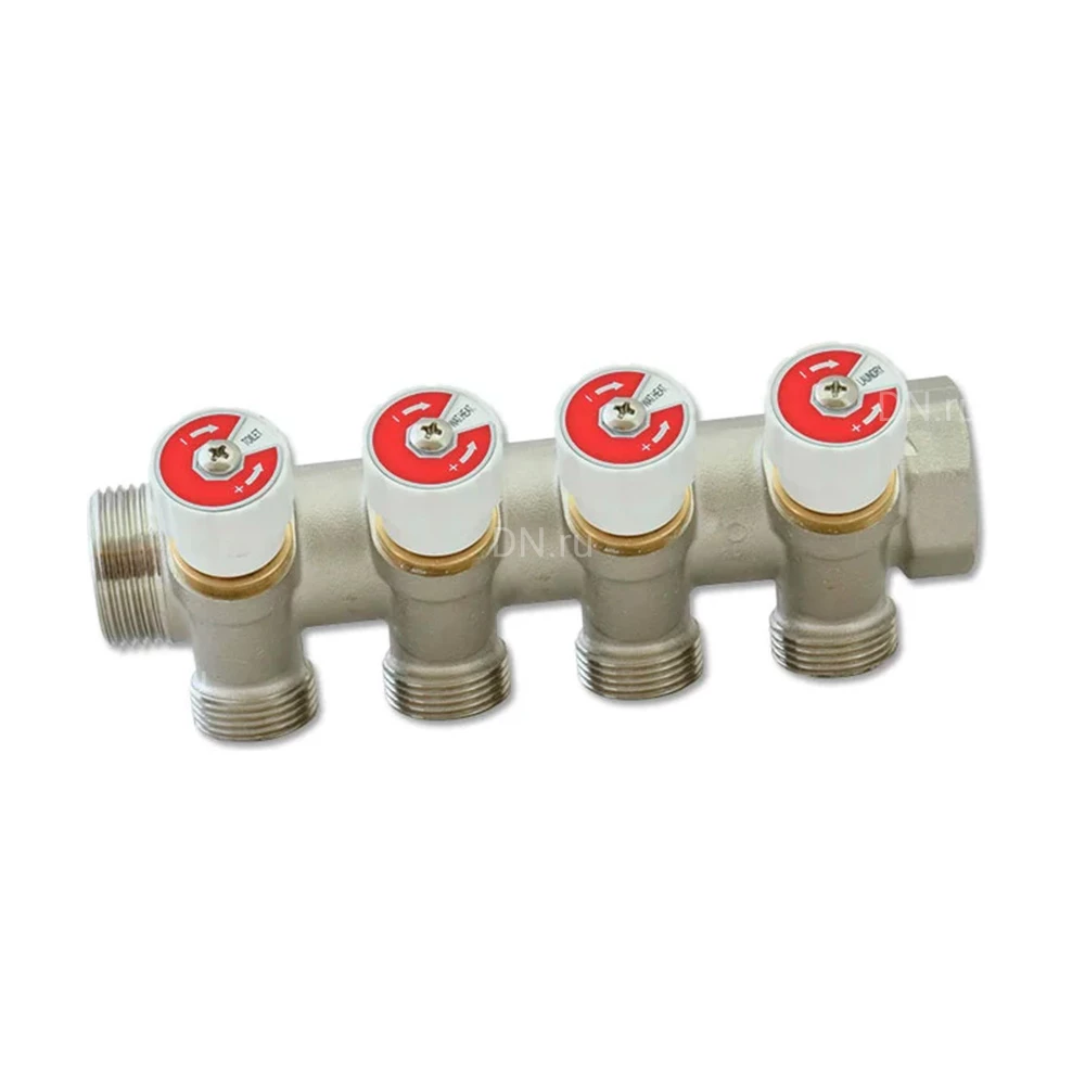 Коллектор Uni-Fitt 400N 3/4″x4x1/2″ Ду20 Ру10 с вентилями, наружная/внутрення резьба, материал- латунь, покрытие - никель