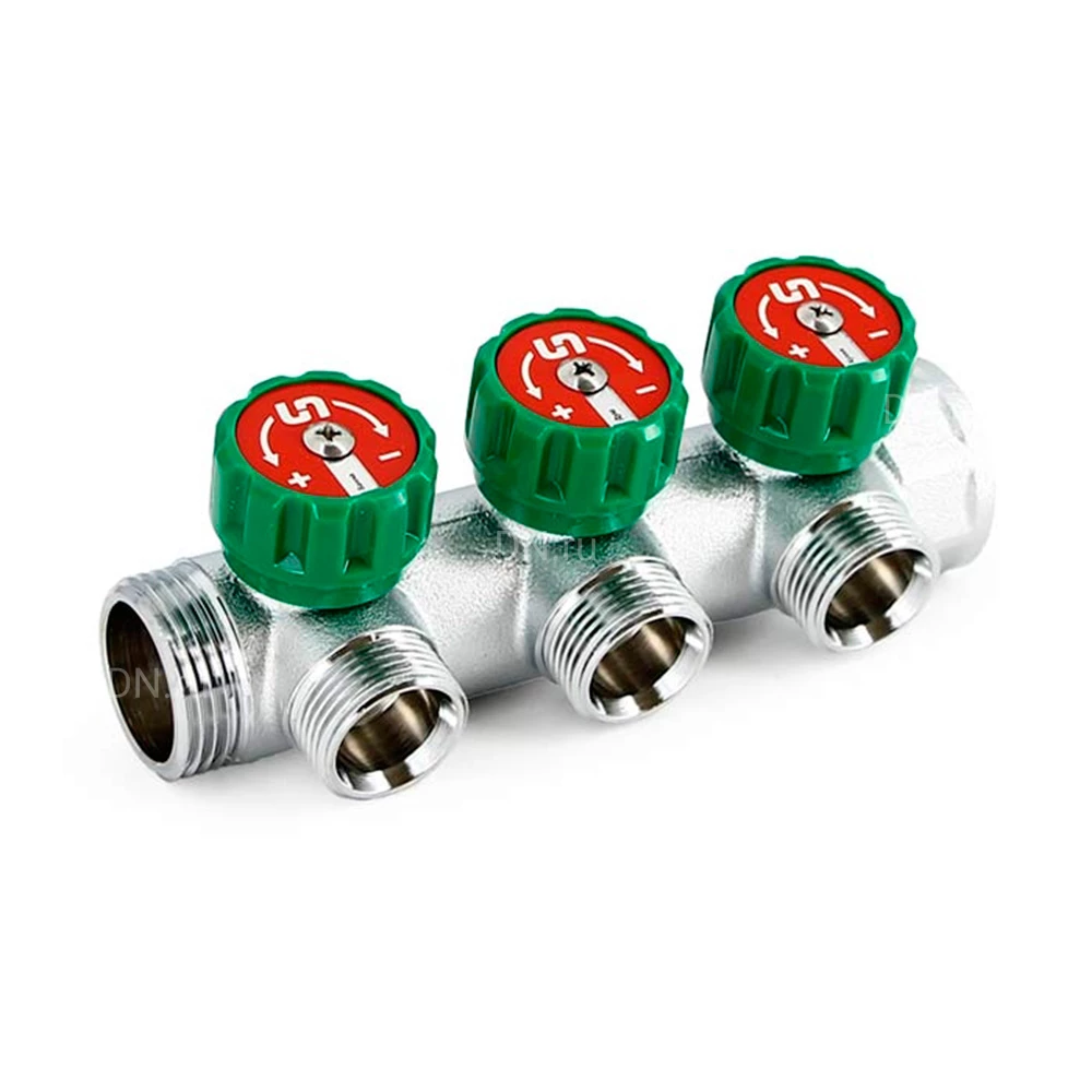 Коллектор Uni-Fitt 414C 1″x3x3/4″ Ду25 Ру16 с вентилями и выходами под 90 градусов, наружная/внутрення резьба, материал- латунь, покрытие - хром
