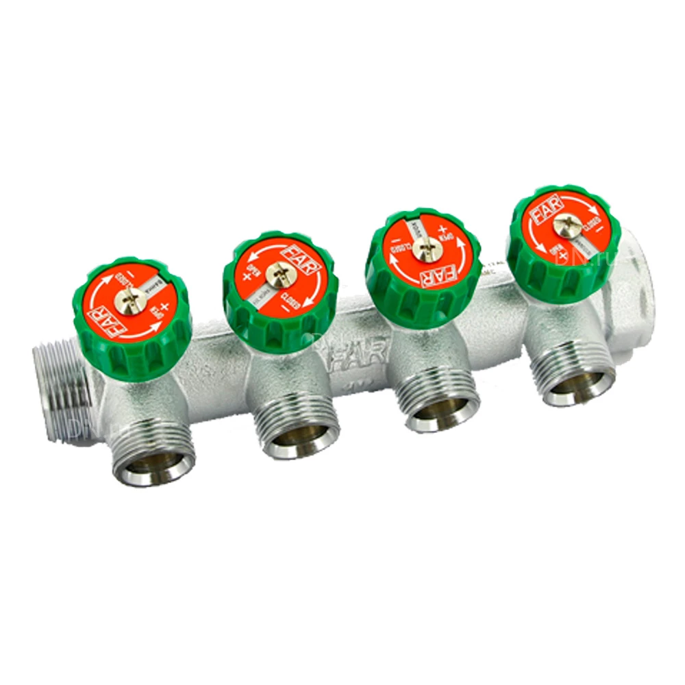 Коллектор Uni-Fitt 414C 3/4″x4x1/2″ Ду20 Ру16 с вентилями и выходами под 90 градусов, наружная/внутрення резьба, материал- латунь, покрытие - хром
