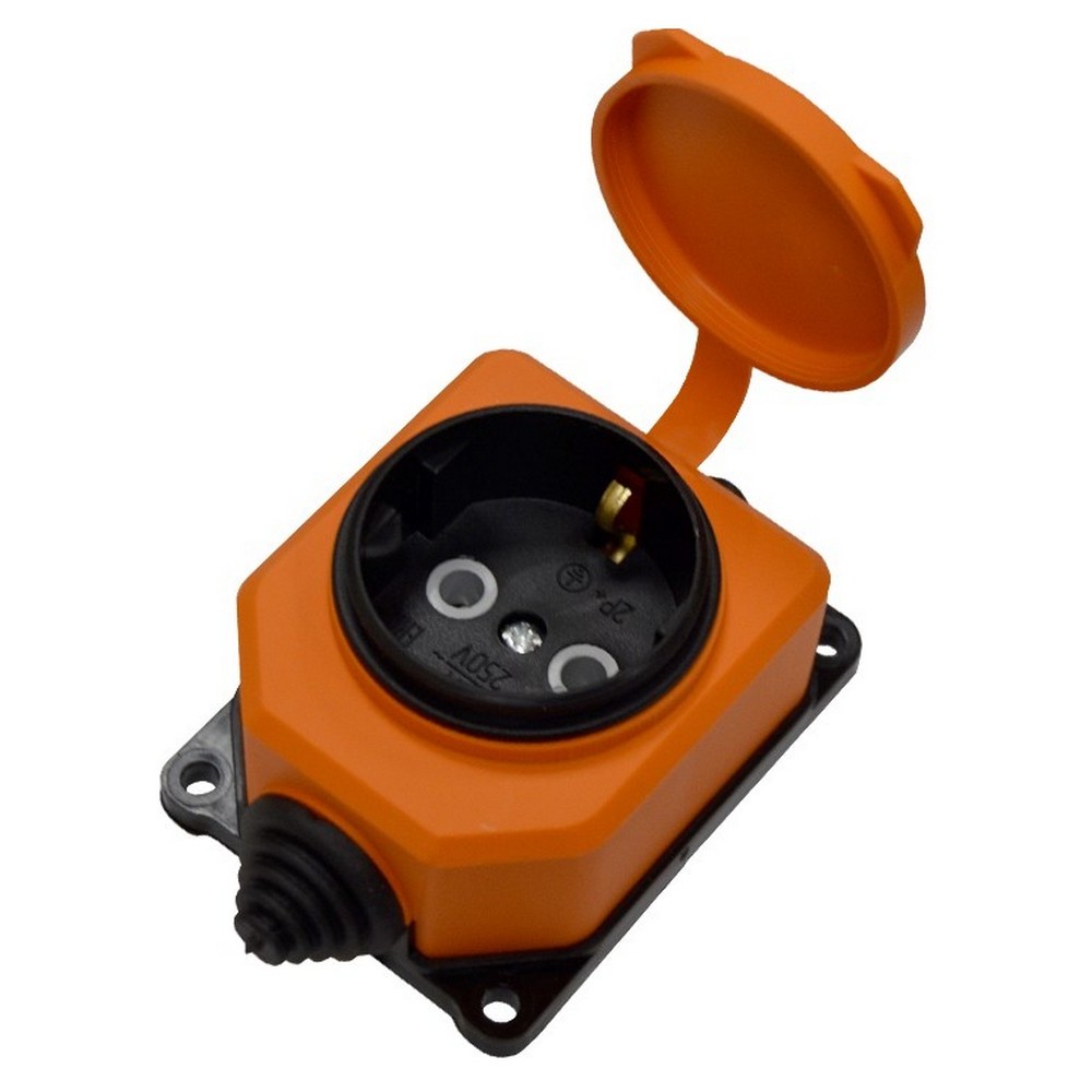 Розетка электрическая UNIVersal Компакт с 1 гнездом и заглушками, с заземлением, IP44, корпус - каучук, цвет - оранжевый