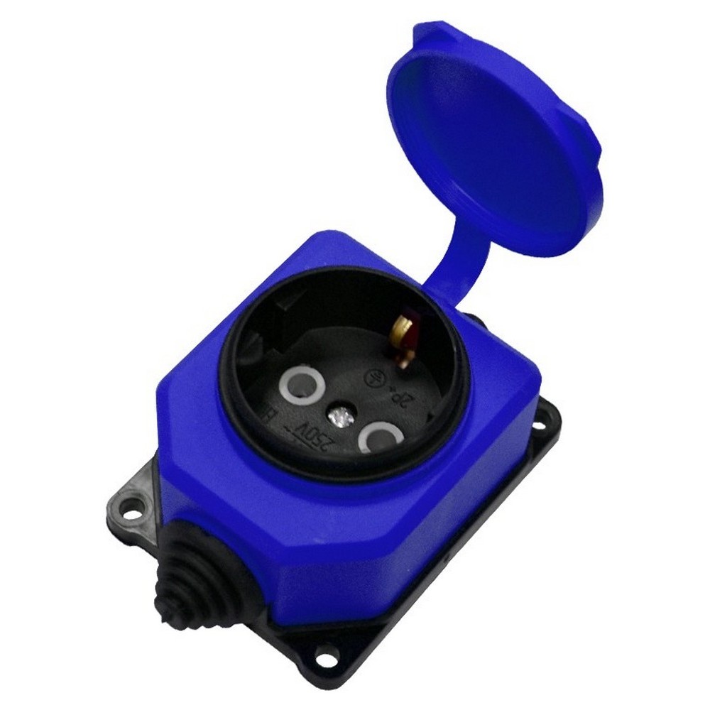 Розетка электрическая UNIVersal Компакт с 1 гнездом и заглушками, с заземлением, IP44, корпус - каучук, цвет - синий
