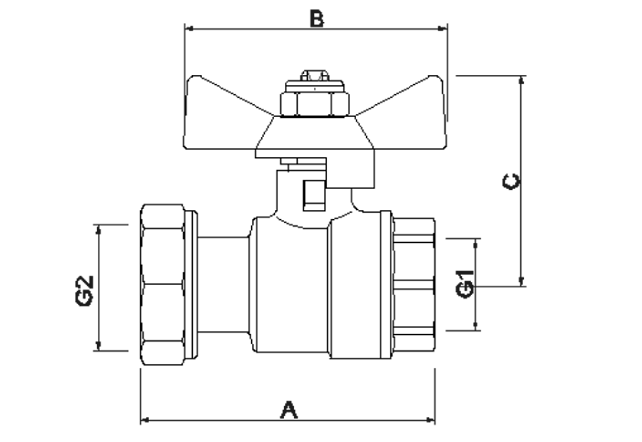 Кран шаровой Valtec VT.241.N.0405 1/2″x3/4″ Ду15x20 Ру40 муфтовый, полнопроходной, присоединение внутренняя резьба/накидная гайкой, латунный никелированный