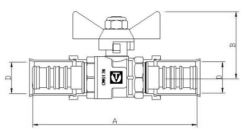 Кран шаровой Valtec VT.242.N.1604 16 х 1/2″ Дн16xДу15 Ру10 для металлопластиковых труб, стандартнопроходной, присоединение внутренняя резьба/пресс, управление ручка-бабочка, латунный никелированный