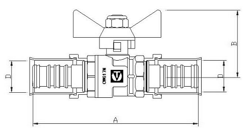 Кран шаровой Valtec VT.243.N.1616 Дн16 Ру10 для металлопластиковых труб, стандартнопроходной, присоединение пресс-пресс, управление ручка-бабочка, латунный никелированный