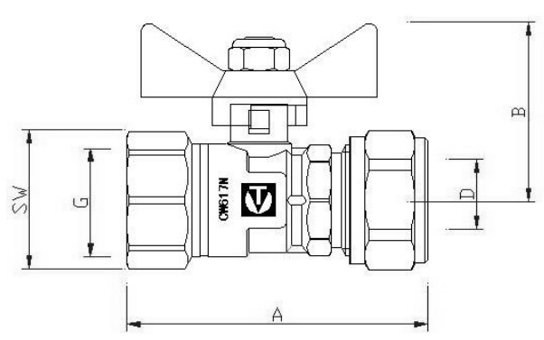 Кран шаровой Valtec VT.342.N.1604 16х1/2″ Дн16xДу15 Ру10 для металлопластиковых труб, стандартнопроходной, присоединение компрессионное/внутренняя резьба, управление ручка-бабочка, латунный никелированный