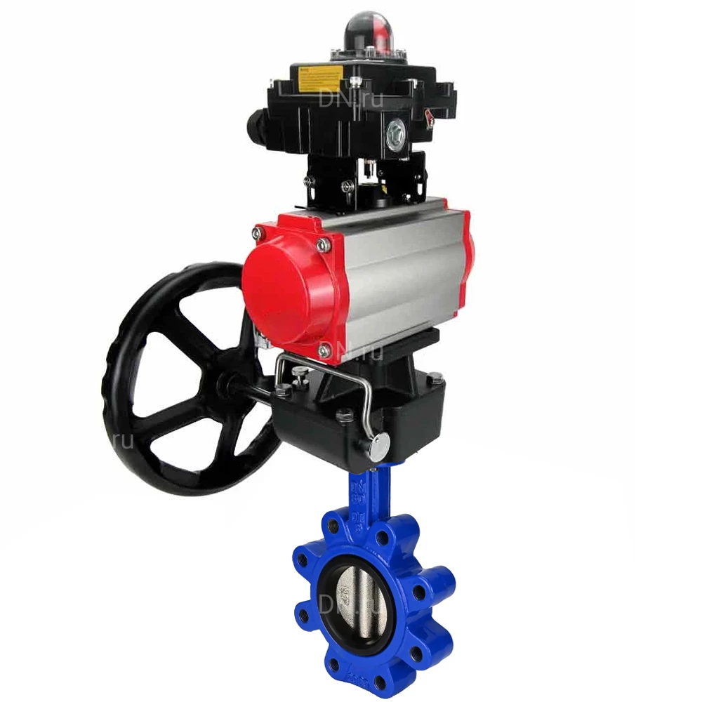 Затворы дисковые поворотные DN.ru WBV1631N-2W-Fb-H Ду50-150 Ру16 LUG корпус-чугун QT450, диск-нержавеющая сталь 304, уплотнение-NBR, межфланцевые, с пневмоприводом PA-DA, БКВ APL-410N EX и редуктором MON