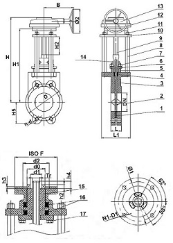 Задвижки шиберные ABRA KV-03 Ду50-600 Ру10/16 чугунные двусторонние с выдвижным штоком и ISO фланцем под привод