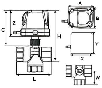 Кран латунный 3-ходовой стандартнопроходный DN.ru RP.BRASS.120.MM, раб. темп. до 120°С, муфтовый с электроприводом 220В без концевых выключателей
