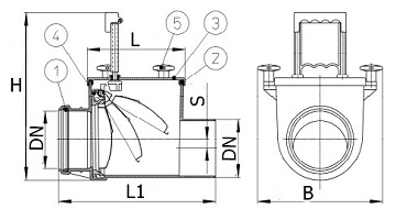 Клапаны обратные канализационные HL 710 серии 1 Дн110 безнапорные с автоматической заслонкой из нержавеющей стали, ручным затвором и прочисткой