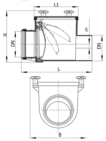 Клапан обратный канализационный HL 720 Дн200 безнапорный с заслонкой из нержавеющей стали и муфтой для труб из синтетического материала
