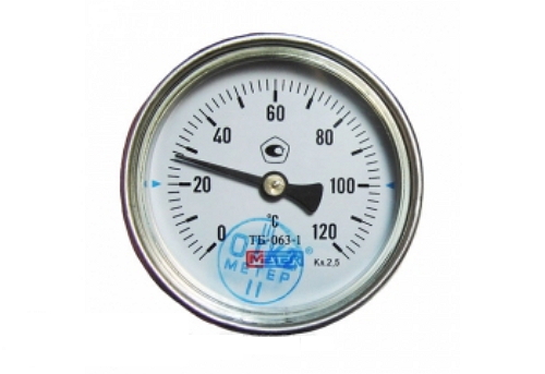 Термометр осевой Метер ТБ63 биметаллический до 120°С, корпус 63 мм, L=40-80 мм, присоединение G1/2"