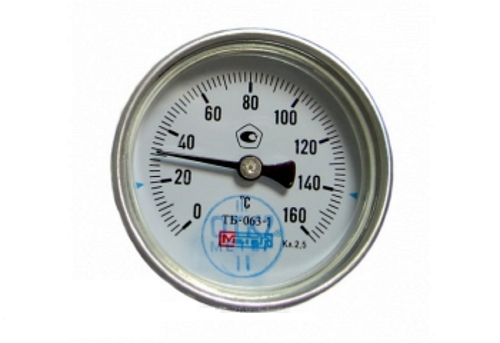 Термометр биметаллический ТБ63 Метер осевой, до 160°С, корпус 63 мм, L=80 мм, присоединение G1/2″