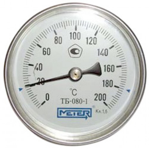 Термометр биметаллический ТБ80 Метер осевой, до 160°С, корпус 80 мм, L=100 мм, присоединение G1/2″
