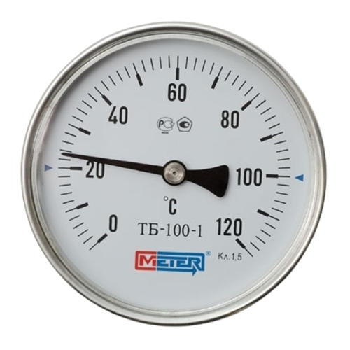 Термометр биметаллический ТБ100 Метер осевой, до 160°С, корпус 100 мм, L=80 мм, присоединение G1/2"