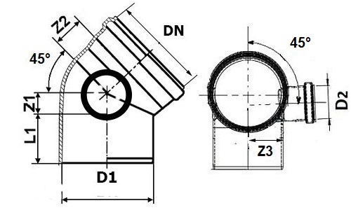 Отвод полипропиленовый 45° Дн110x50 с правым выходом Политэк для внутренней канализации