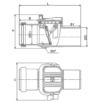 Клапан обратный канализационный Татполимер ТП-86.50 Дн50 безнапорный с горизонтальным выпуском для внутреннего монтажа