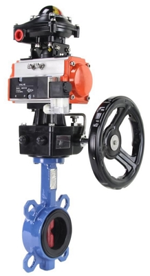 Затвор дисковый поворотный Tecofi VPI 4449 Ду125 Ру16 корпус - чугун GGG50, диск - нержавеющая сталь, уплотнение EPDM, с пневмоприводом DN.ru DA-083, пневмораспределителем 4M310-08 24В, блоком концевых выключателей APL-210N и ручным дублером HDM-2