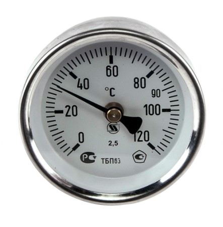 Термометр биметаллический ТБП63/ТР38 НПО Юмас накладной, до 120°С, корпус 63 мм со скобой для крепления