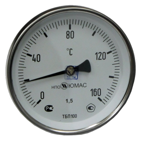 Термометр биметаллический ТБП-Т НПО Юмас осевой, до 120°С, корпус 100 мм, L=50 мм, присоединение G1/2″
