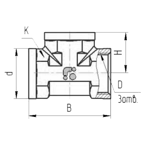 Тройники БАЗ ТВ20 никель Ду20 Ру40, корпус — латунь ЛС59-1, никелированный, резьба внутренняя