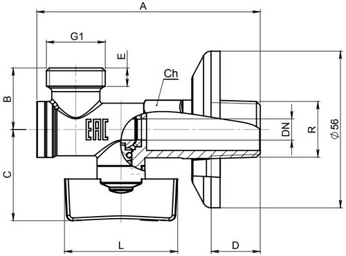 Кран шаровой BUGATTI Minnesota 871 Ду8 1/4″ Ду8 Ру10 редуцированный угловой с фильтром и розеткой, стандартнопроходной, двухходовой, латунь CW617N, уплотнение - PTFE, наружная резьба, ручка-бабочка