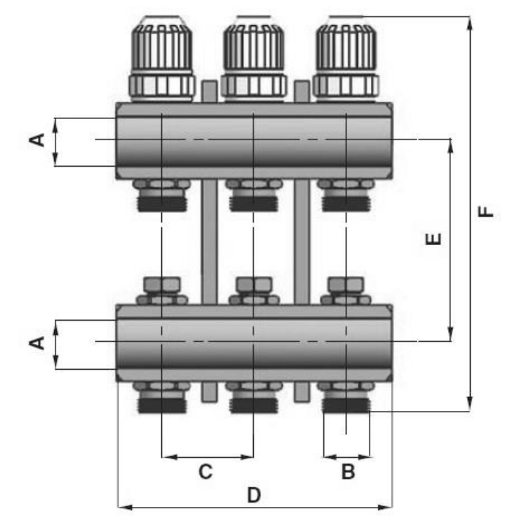 Коллекторная группа EUROS 1 1/4″ ВР на 8 отводов 3/4″ НР Ру10 с термостатическими вставками и запорными клапанами