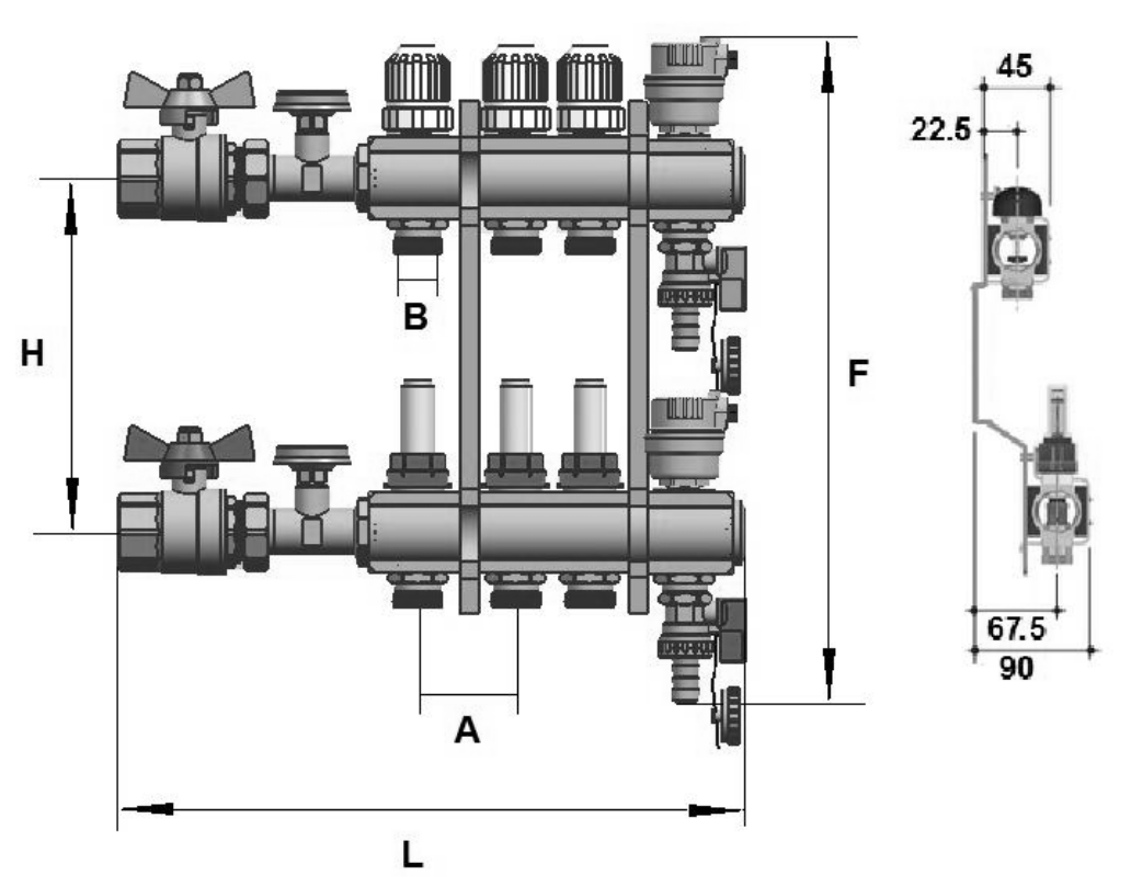 Коллекторная группа EUROS 1 1/4″ ВР на 7 отводов 3/4″ НР Ру10 с термостатическими вставками, кранами с термометрами, расходомером