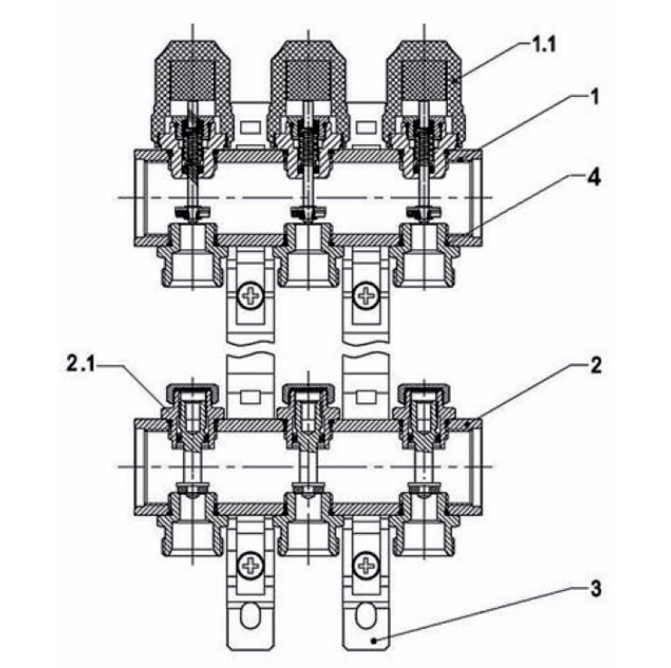 Группа коллекторная EUROS 1 1/4″ ВР на 5 отводов 3/4″ НР Ру10 с термостатическими вставками и запорными клапанами, латунь