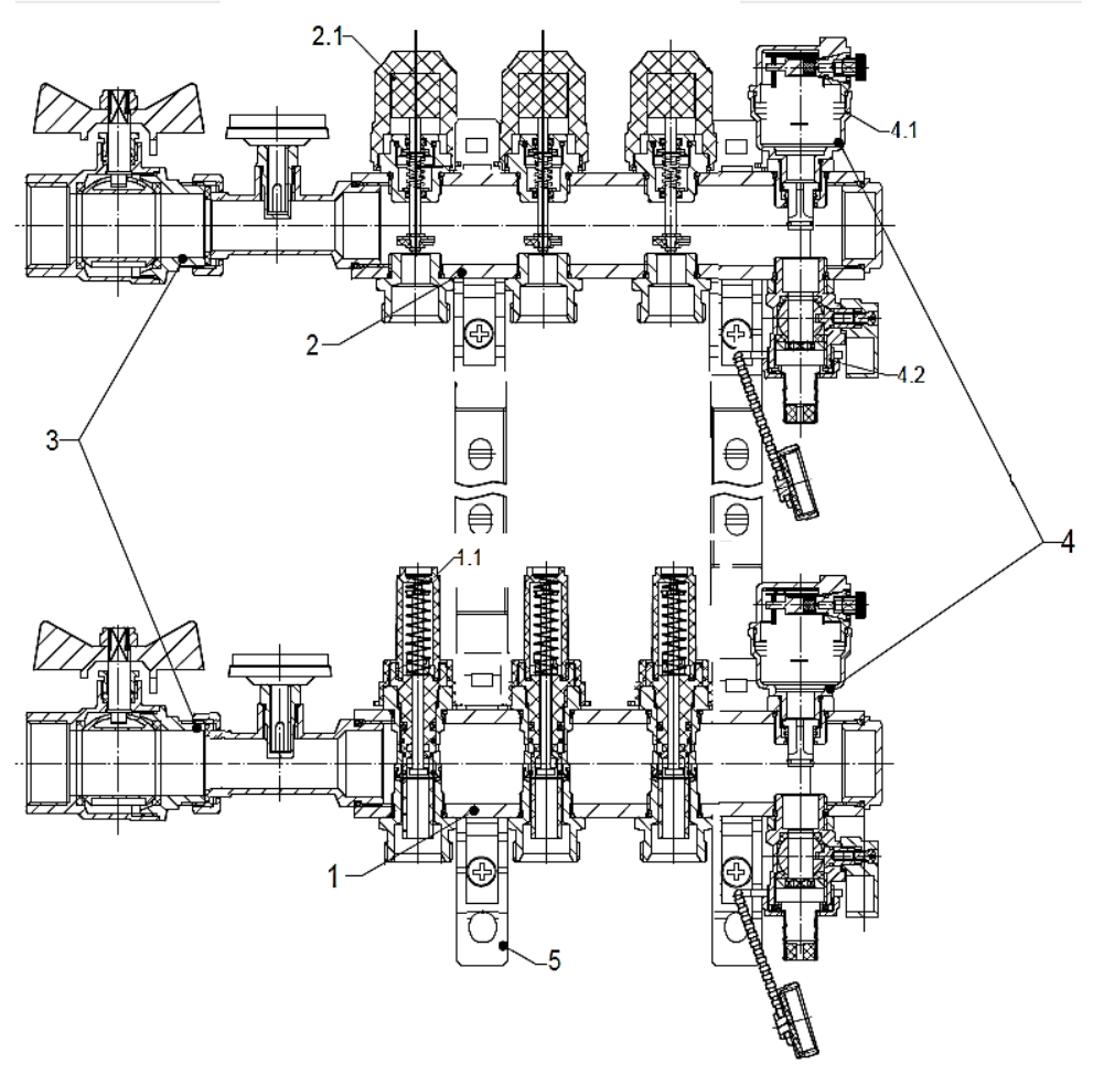 Группа коллекторная EUROS 1″ ВР на 6 отводов 3/4″ НР Ру10 с термостатическими вставками, кранами с термометрами, расходомером, латунь