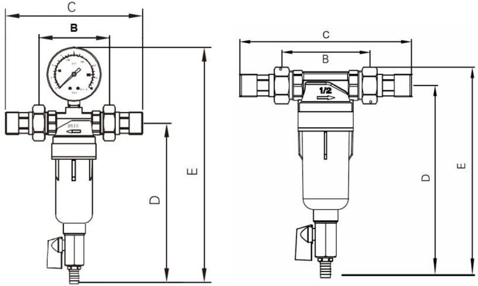 Фильтр тонкой очистки промывной EUROS EU.ST6199-r Ду15 Ру16 с прозрачной колбой и манометром, латунный без покрытия, наружная/наружная резьба