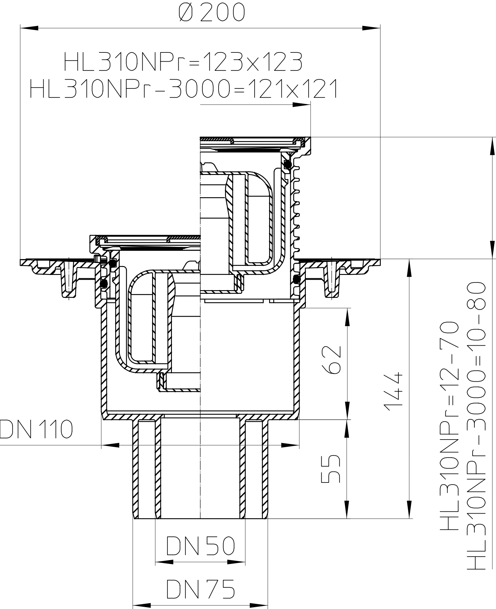 Трап вертикальный HL HL310NPr Дн50-75-110 регулируемый с запахозапирающим устройством Primus, корпус - полипропилен, решетка 115х115 мм - нержавеющая сталь