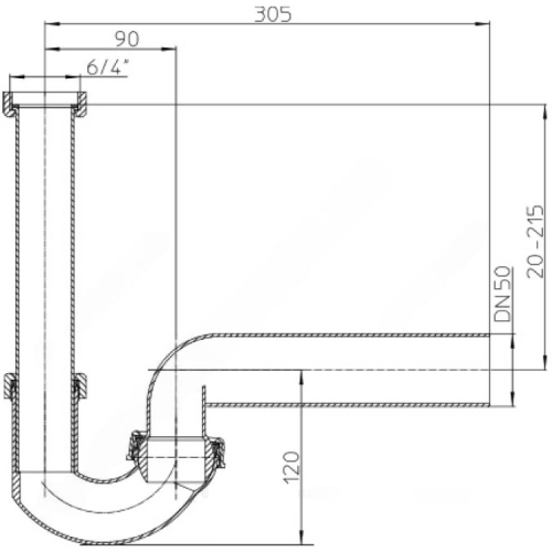 Сифон для кухонной мойки трубный HL HL100/50 1 1/2″х50 с отводом (штуцером), поворотным шарниром, без выпуска