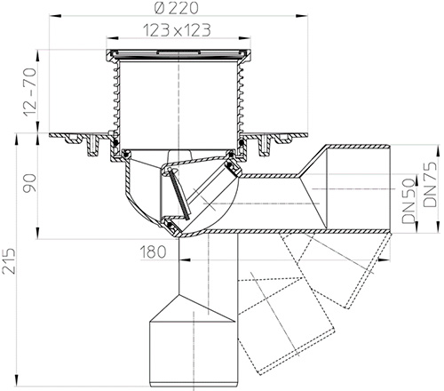 Трап регулируемый HL HL80 Дн50/75 115x115мм нержавеющая решетка, запахозапирающее устройство, поворотный горизонтальный/вертикальный выпуск