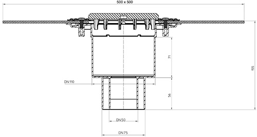 Трап регулируемый HL HL310HPrblueG Дн50/75/110 с сифоном Primus blue, корпус - полипропилен/полимербитумное полотно, с чугунной решеткой 137x137мм, вертикальный выпуск