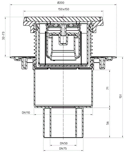 Трап регулируемый HL HL310PrblueG Дн50/75/110 с сифоном Primus blue, корпус - полипропилен, с чугунной решеткой 137x137мм, вертикальный выпуск