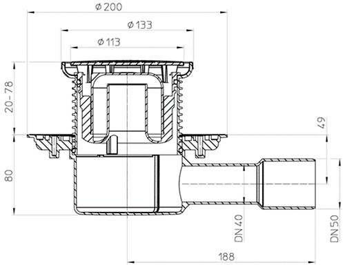 Трап регулируемый HL HL510NR Дн40/50 нержавеющая пластина d=112мм, круглая насадка 133мм/112мм, горизонтальный