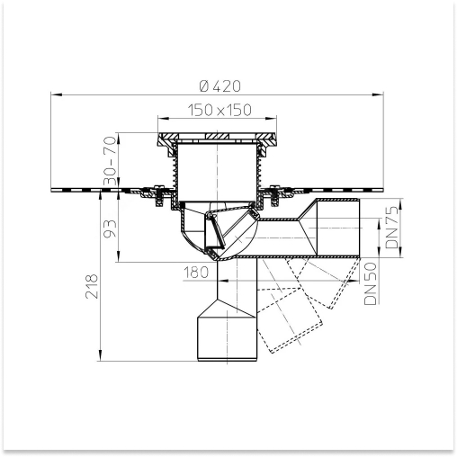 Трапы регулируемые HL HL81 Дн50/75 137x137мм чугунная решетка, сухой затвор, полимербитумное полотно, горизонтальный/вертикальный выпуск, для балконов и террас