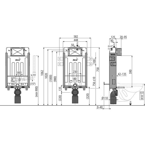 Инсталляция Alca Plast AM115/1000V для подвесного унитаза без кнопки смыва с возможностью вентиляции