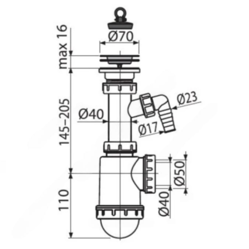 Сифон для кухонной мойки бутылочный Alca Plast A441P-DN50/40 1 1/2″х40/50 с отводом (штуцером), с нержавеющей решеткой