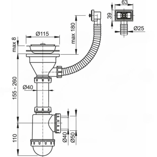 Сифон для кухонной мойки бутылочный Alca A447-DN50/40 3 1/2″х40/50 с гибким переливом, с нержавеющей решеткой