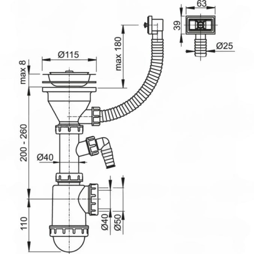 Сифон для кухонной мойки бутылочный Alca Plast A447P-DN50/40 3 1/2″х40/50 с гибким переливом, с отводом (штуцером), с нержавеющей решеткой