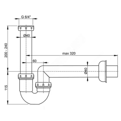 Сифон для кухонной мойки трубный Alca Plast A80-DN40 1 1/2″х40 с прямой трубкой 40, без выпуска