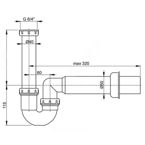 Сифон для кухонной мойки трубный Alca Plast A80-DN50 1 1/2″х40 с прямой трубкой, без выпуска