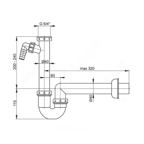 Сифон для кухонной мойки трубный Alca A81-DN40 1 1/2″х40 с прямой трубкой 40, с отводом (штуцером), без выпуска