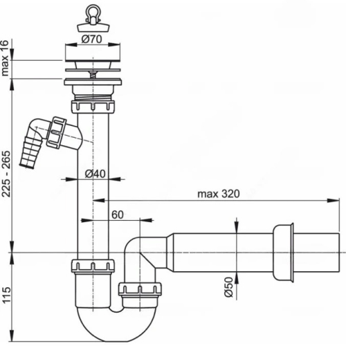 Сифон для кухонной мойки трубный Alca A810-DN50 1 1/2″х40 с прямой трубкой, с отводом (штуцером), с нержавеющей решеткой