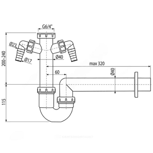 Сифон для кухонной мойки трубный Alca Plast A82-DN40 1 1/2″х40 с прямой трубкой 40, с 2-мя отводами (штуцерами), без выпуска